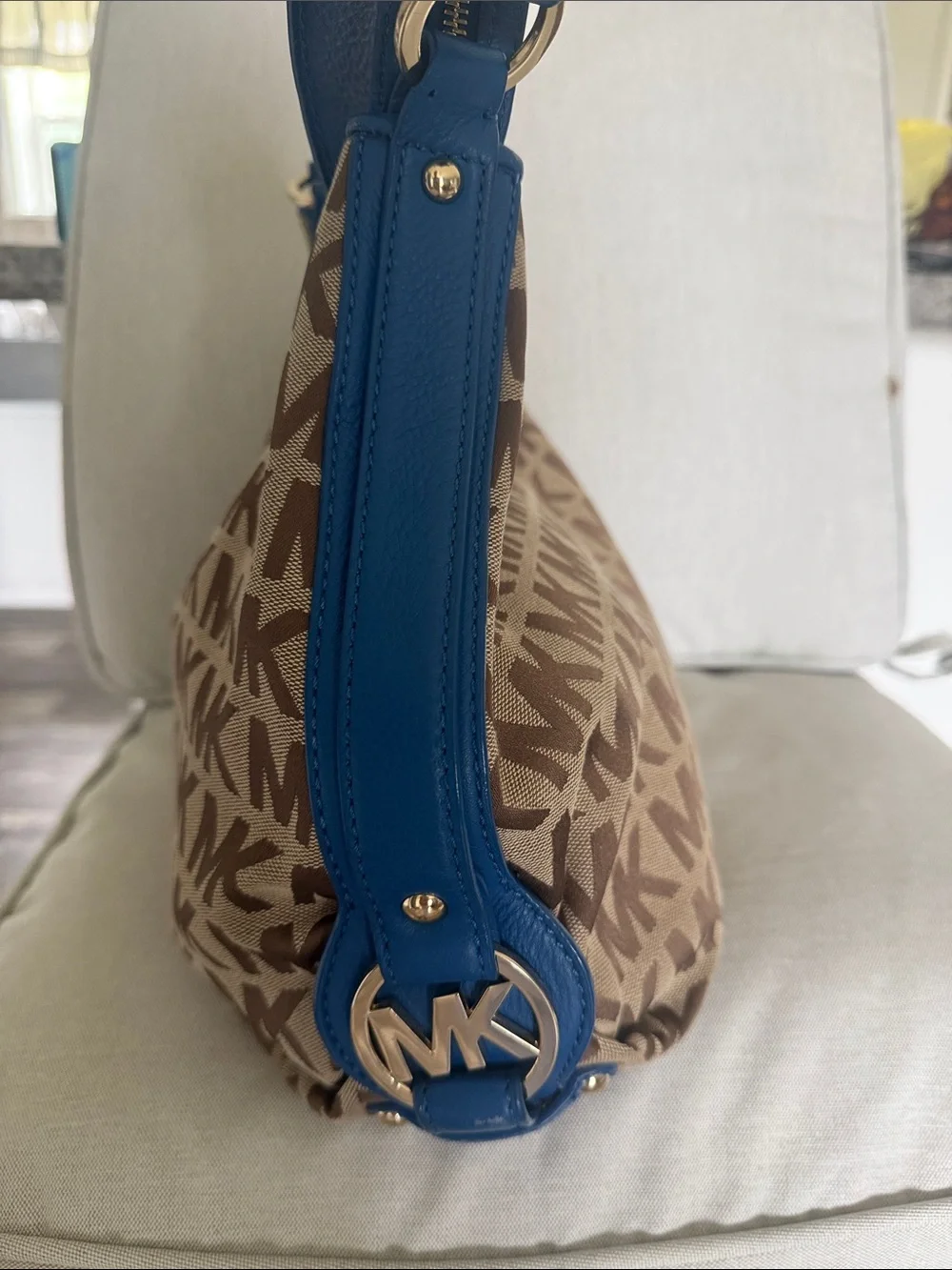 MK Signature Monogram Hobo Shoulder Bag + Zip Around Wallet Set Blue Leather